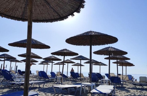 Korinos Apartment | Sandra Beachfront - Pool, Beach Bar and Olympus View