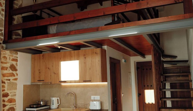 Annousa's Sirokos Studio for 2-4, balcony with superb view of seascape sunsets in Kallirachi